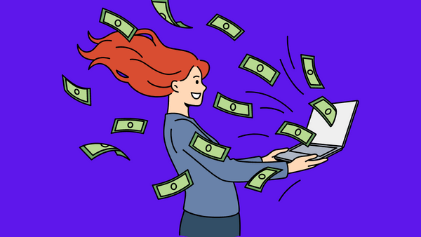 desenho de mulher ruiva na frente de um computador com dinheiro saindo dele